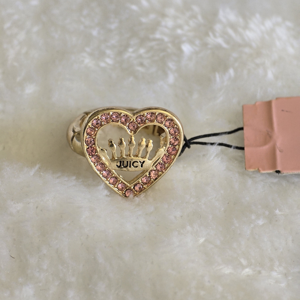 Juicy Couture Heart Crown Ring Size 7 Pink Rhinestone Logo Gold Tone Y2K Glam‎